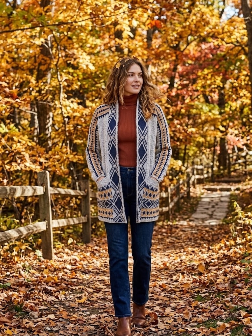 Lucky Brand Open-Front Geometric Cardigan - Cream, Navy & Tan